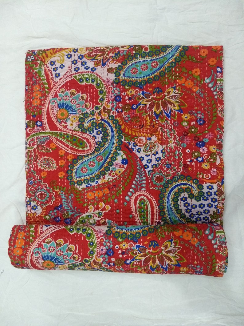 100/% Cotton Red Paisley Kantha Bed Cover Twin Quilt Hippie Indian Handmade Kantha Quilt Throw Twin Size Bedding Kantha Bedspread Quilt