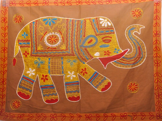 Indian Embroidered Elephant Cotton Tapestry Wall Hanging Table Bed Runner Ethnic 