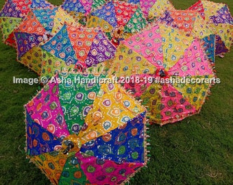 Indian Religous Feather print Embroidered Umbrella, Women Sun Shade Parasol Ethnic 100% Cotton Handmade Decorative Parasols Umbrella