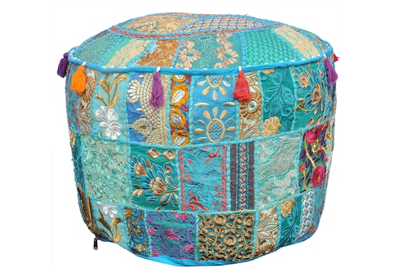 Blue Patchwork Indian Pouf Ottoman Cover Bohemian Pouf Cotton Foot