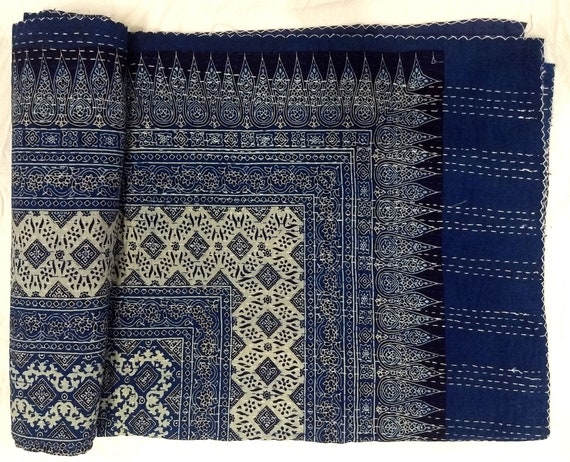 Blue Kantha Quilt King Size Hand Stitch Kantha Ajrakh Bedcover | Etsy