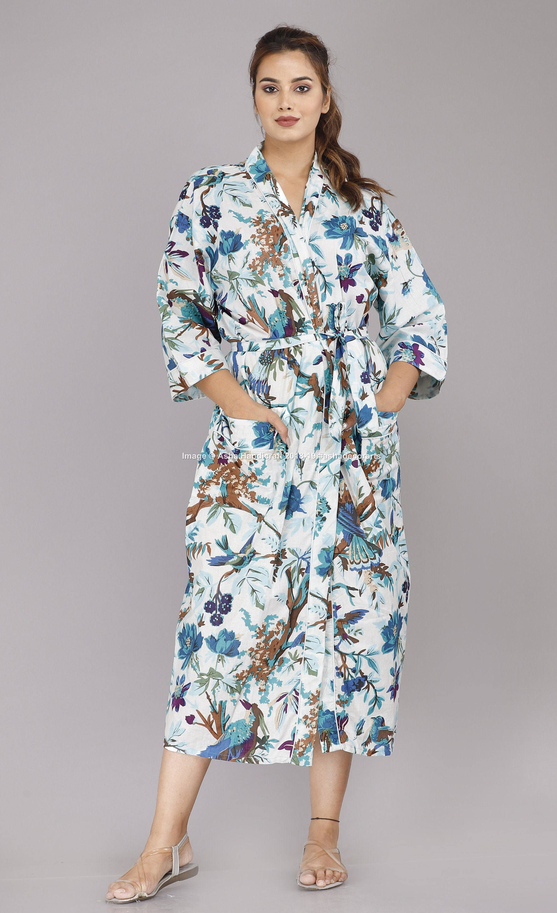 White Flower Print Cotton Short Kimono Robe Dressing Gown - Etsy Finland