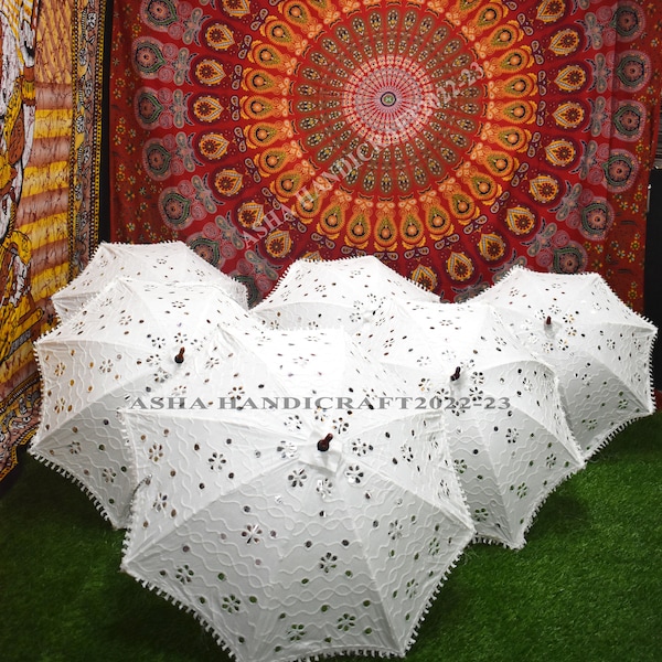 New Indian Handmade Umbrella party Parasol, 100% cotton White Mirror Decorative Umbrellas, Indian Wedding Heena Sangeet Ceremony Parasol Lot