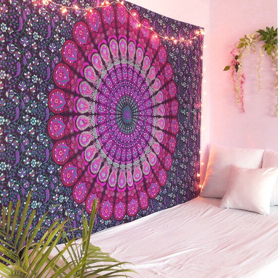 Printed Peacock Mandala Cotton Wall Hanging Beautiful Design Queen Bedspread Art 
