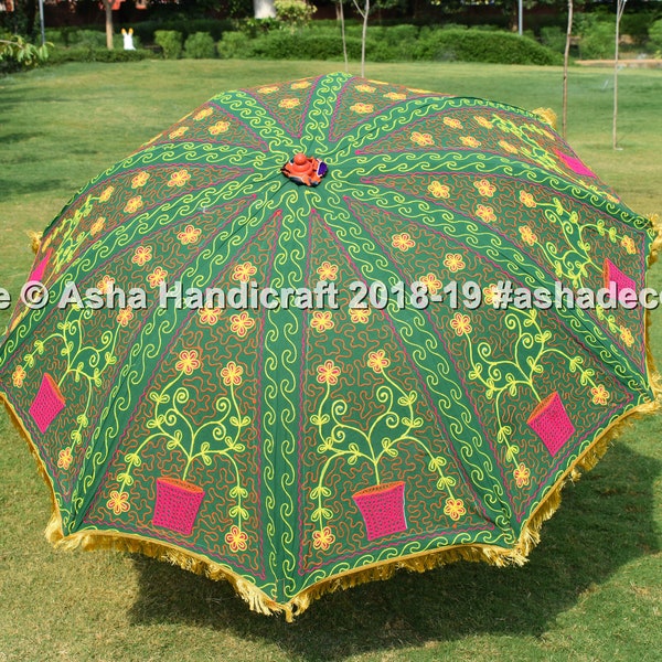 Indian Kutch Ricamo Fatto a mano Grande ombrellone da giardino, Hippie Green Garden Umbrella Patio Ombrelloni, Matrimonio Heena Party Ombrello decorativo