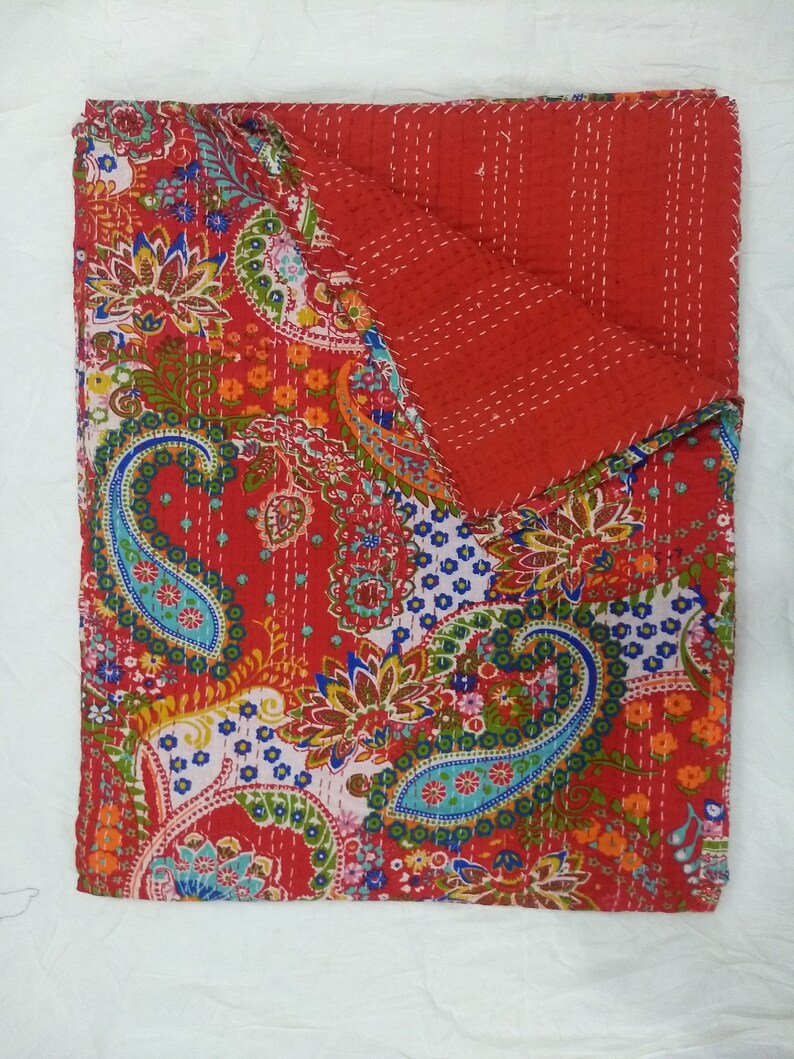 100/% Cotton Red Paisley Kantha Bed Cover Twin Quilt Hippie Indian Handmade Kantha Quilt Throw Twin Size Bedding Kantha Bedspread Quilt