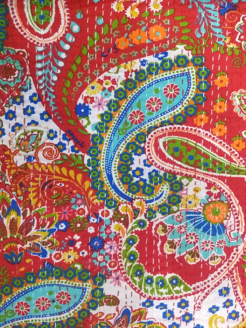 100/% Cotton Red Paisley Kantha Bed Cover Twin Quilt Hippie Indian Handmade Kantha Quilt Throw Twin Size Bedding Kantha Bedspread Quilt