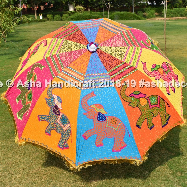 72" Indian Handmade Elephant Embroidery Umbrellas, Beach Patio Outdoor Decorative Umbrtellas With Stand, Sun Shade Table Decor Parasols