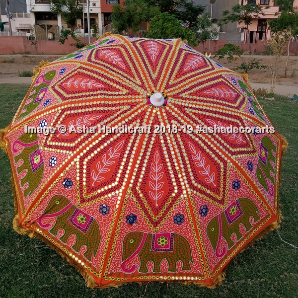 Indian Handmade Elephant Umbrellas, Vintage Hand Embroidered Umbrella Patio Parasols, Royal Groom Bride Entry Big Umbrell With Stand