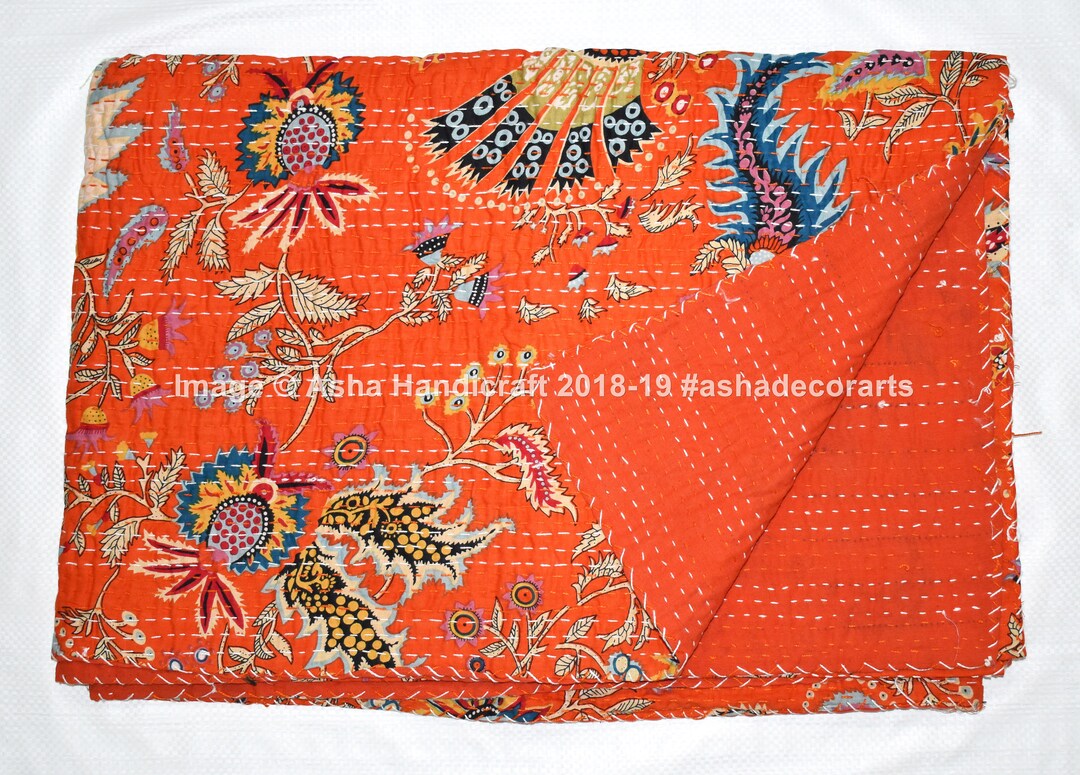 Parure Lit King Size Kantha Fait Main - Coton Imprimé Motif Mukut - Style Indien Bohème Réversible