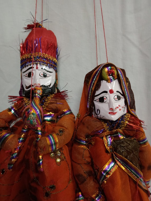 Rajasthani Famous Handmade Puppets Katputli Puppet Pair Home Decor Handcrafted Colorful Wooden Face String Puppet Kathputli in Pair Lot 5Pc
