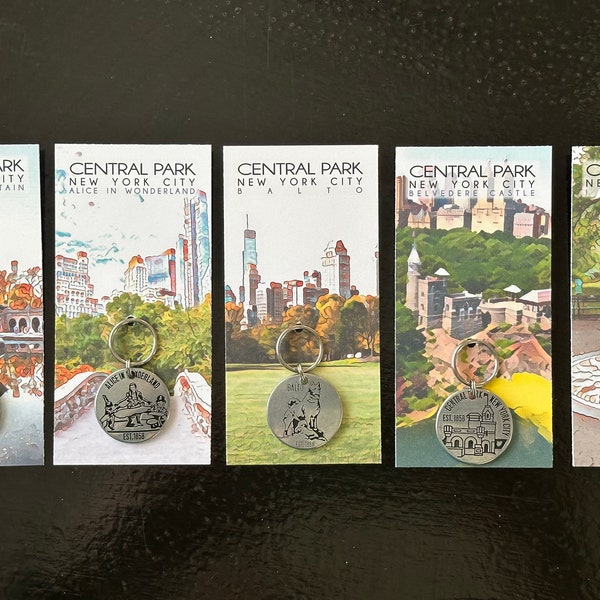 Central Park Coin Token Zipper Pull Keychain Bethesda Fountain Imagine Balto Alice in Wonderland Belvedere Castle New York City Downtown Big