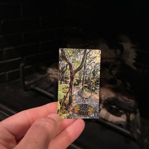 May include: A silver oval keychain with the words "Joy Starts Today" in black lettering. The keychain is decorated with gold accents and is hanging from a silver chain. The keychain is held in a hand against a background of a blurry image of a forest path.