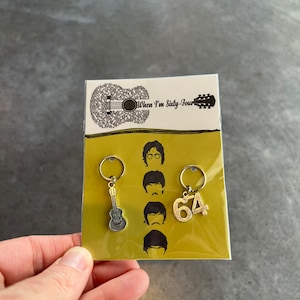 Guitar and Number 64 Charms Keychain Zipper Pull 2pcs When I’m Sixty Four Beatles Group Rock and Roll Music