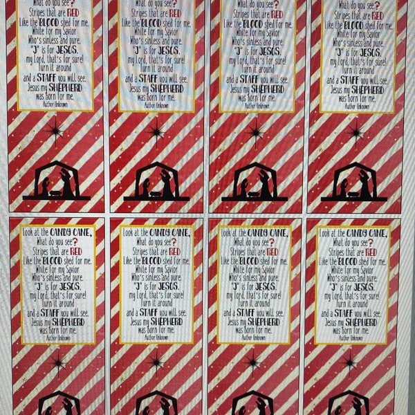 Candy Cane Meaning Charm Bookmark Jesus Staff Christmas Digital File ONLY 8 per page