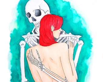 Dead Man's Arms - Watercolor Art Print, Skeleton Skull, Skeleton Skull Lovers, Woman and Skeleton, Red Haired Woman, Lyrical Art, Bishop Bri