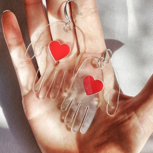 Red Heart earrings, Hand Palm Earrings, Transparent Earrings, Girlfriend gift, Protection amulet, Boho Earrings, Statement Earrings image 3