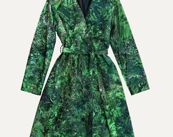 Green Spring Coat, Jungle Print Rain Coat, Green Raincoat, Oversize Coat, Long Rain Jacket, Trench Coat, Kimono Jacket, Floral Pattern