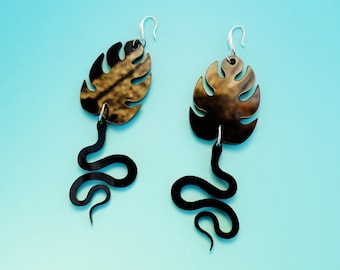 Cobra Snake Laser Cut Earrings, African Acrylic Monstera Earrings, Boho Cobra Earrings, Black Adder Earrings, Viper Earrings, Black Leaf