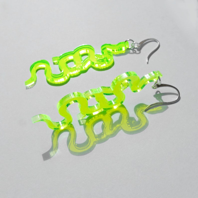 Glow in the Dark Snake Earrings / Twisted Neon Green Snake Dangles / Acrylic Laser Cut Snake Summer Jewelry / Bold Statement Fluorescent image 2