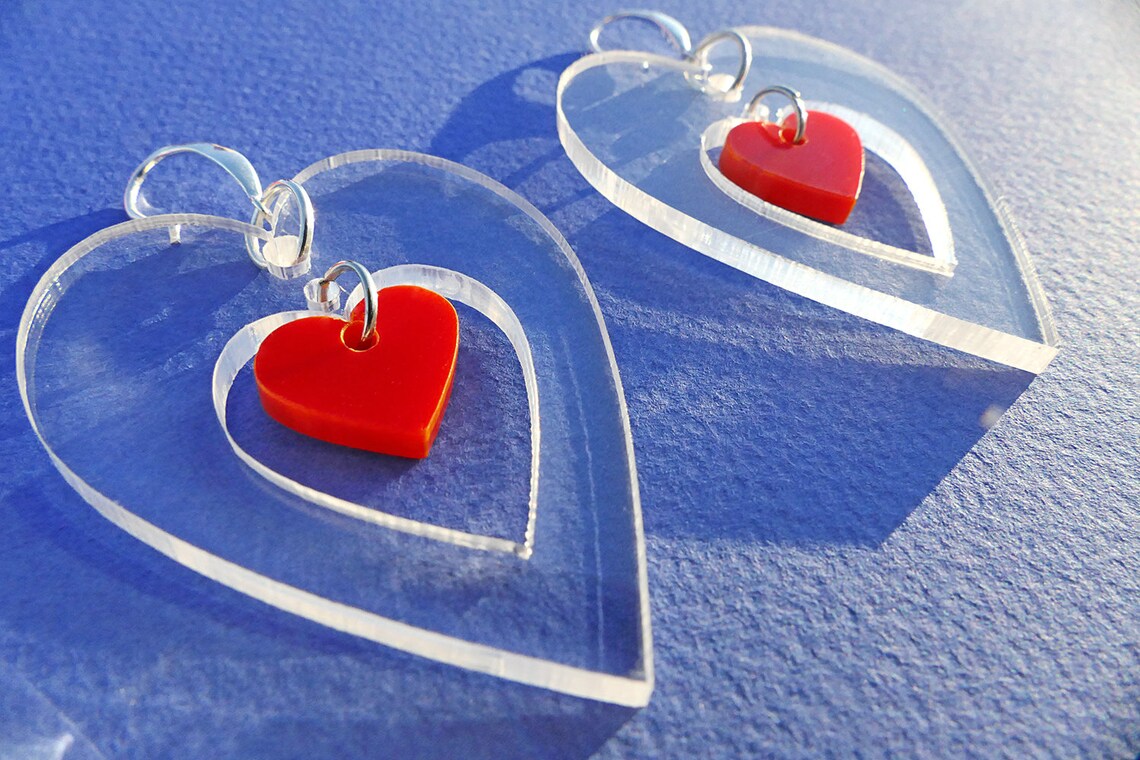 Acrylic Heart Earrings / Clear Heart Earrings / Statement Earrings