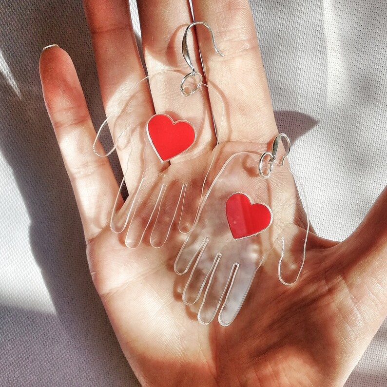 Red Heart earrings, Hand Palm Earrings, Transparent Earrings, Girlfriend gift, Protection amulet, Boho Earrings, Statement Earrings image 3