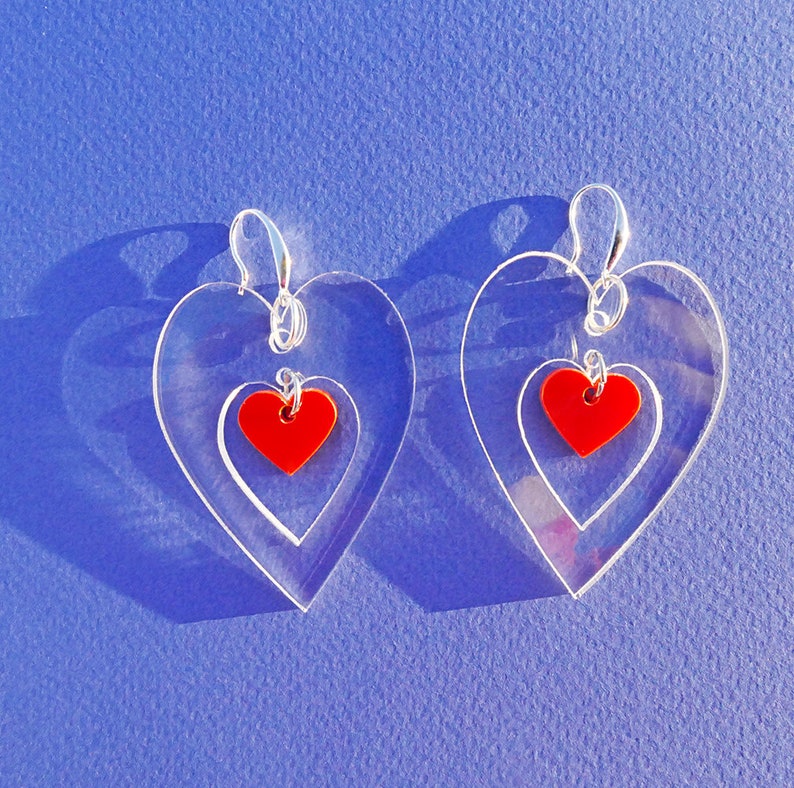 Acrylic Heart Earrings / Clear Heart Earrings / Statement Earrings