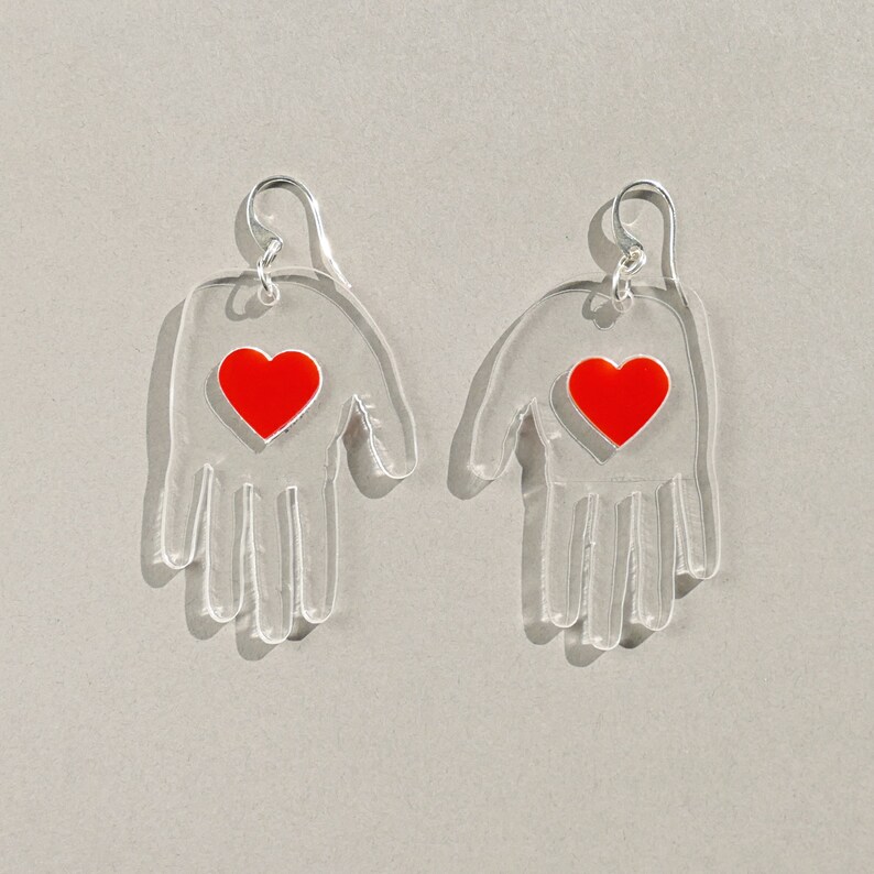 Red Heart earrings, Hand Palm Earrings, Transparent Earrings, Girlfriend gift, Protection amulet, Boho Earrings, Statement Earrings image 1