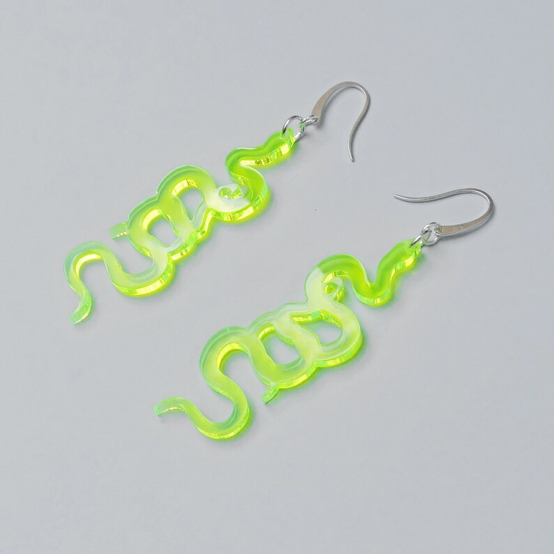 Glow in the Dark Snake Earrings / Twisted Neon Green Snake Dangles / Acrylic Laser Cut Snake Summer Jewelry / Bold Statement Fluorescent image 5