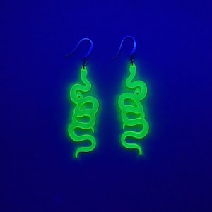 Glow in the Dark Snake Earrings / Twisted Neon Green Snake Dangles / Acrylic Laser Cut Snake Summer Jewelry / Bold Statement Fluorescent image 1