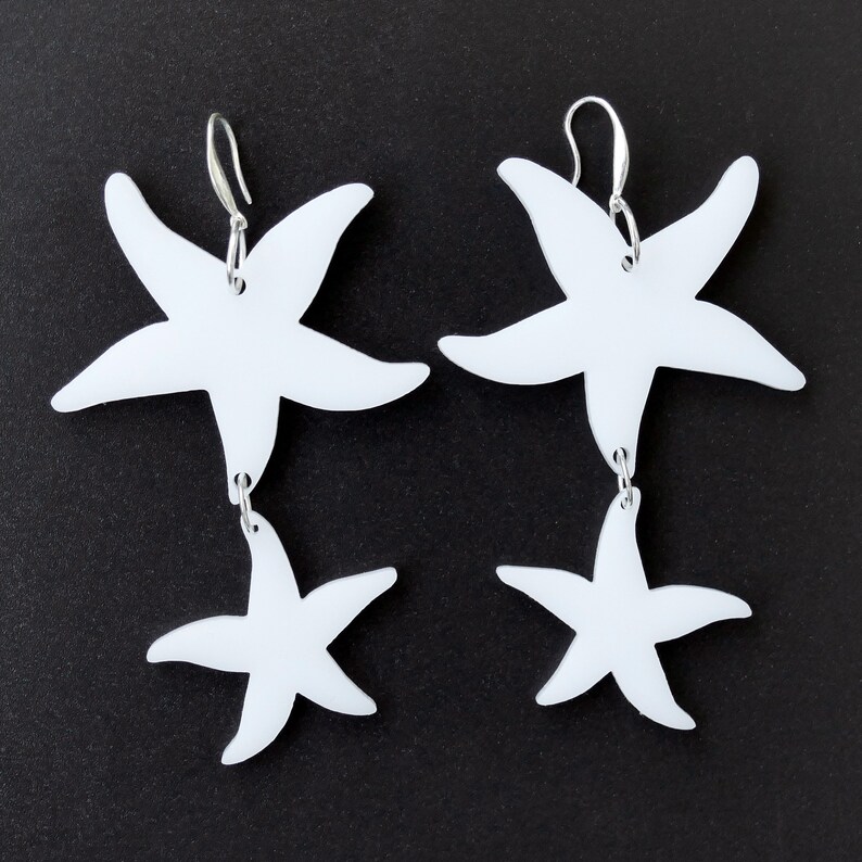 Mermaid Earrings, Starfish Star Earrings, Acrylic Laser Cut Earrings, Sea Star Summer Dangles, Beach Statement Upcycled Earrings, 70s Retro image 6