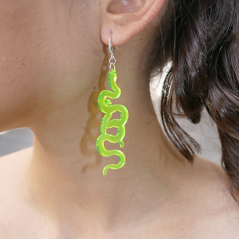 Glow in the Dark Snake Earrings / Twisted Neon Green Snake Dangles / Acrylic Laser Cut Snake Summer Jewelry / Bold Statement Fluorescent image 3