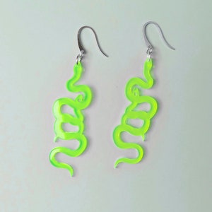 Glow in the Dark Snake Earrings / Twisted Neon Green Snake Dangles / Acrylic Laser Cut Snake Summer Jewelry / Bold Statement Fluorescent image 6