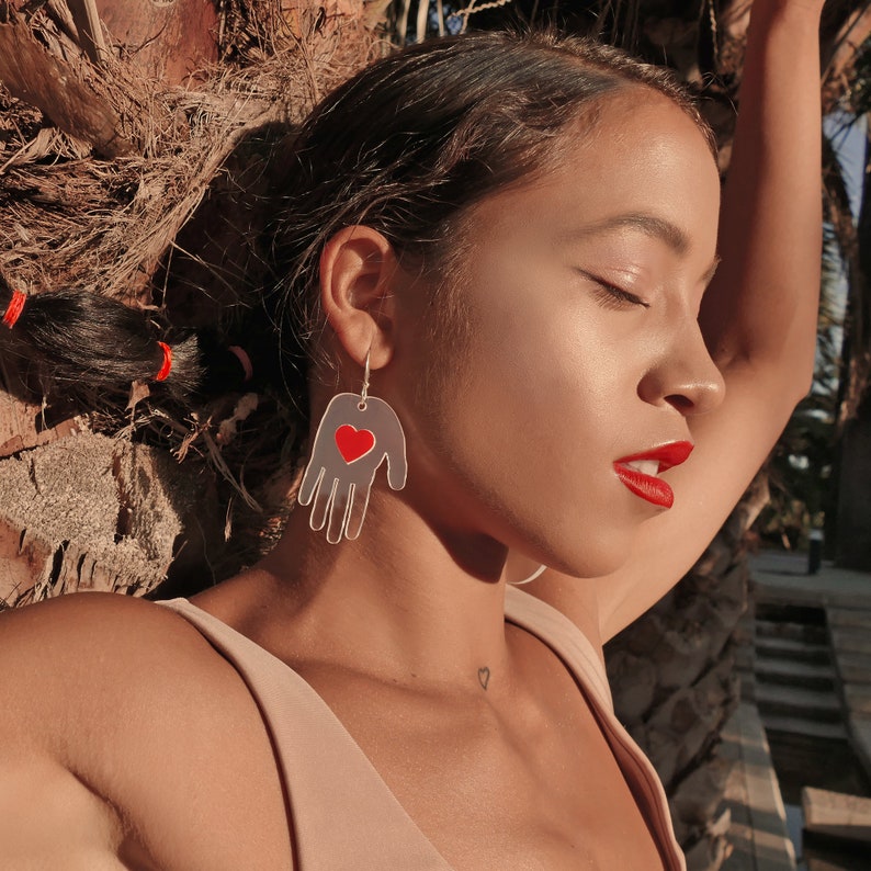Red Heart earrings, Hand Palm Earrings, Transparent Earrings, Girlfriend gift, Protection amulet, Boho Earrings, Statement Earrings image 2