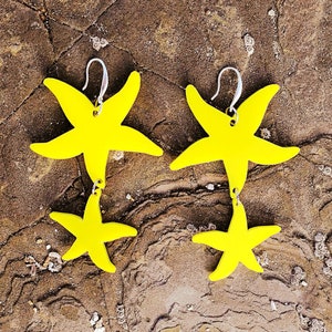 Mermaid Earrings, Starfish Star Earrings, Acrylic Laser Cut Earrings, Sea Star Summer Dangles, Beach Statement Upcycled Earrings, 70s Retro image 4