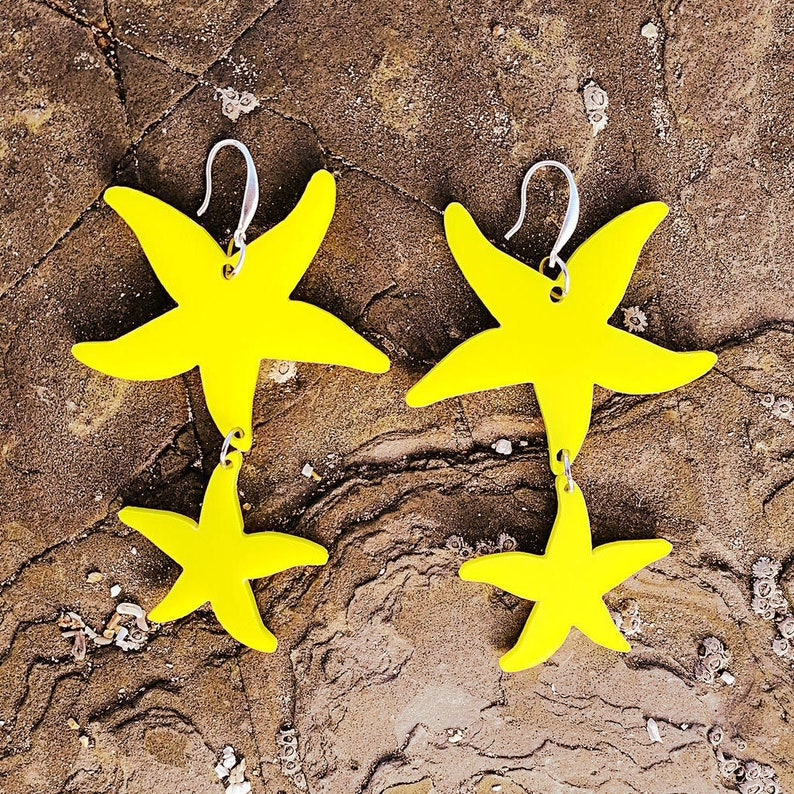 Mermaid Earrings, Starfish Star Earrings, Acrylic Laser Cut Earrings, Sea Star Summer Dangles, Beach Statement Upcycled Earrings, 70s Retro image 4