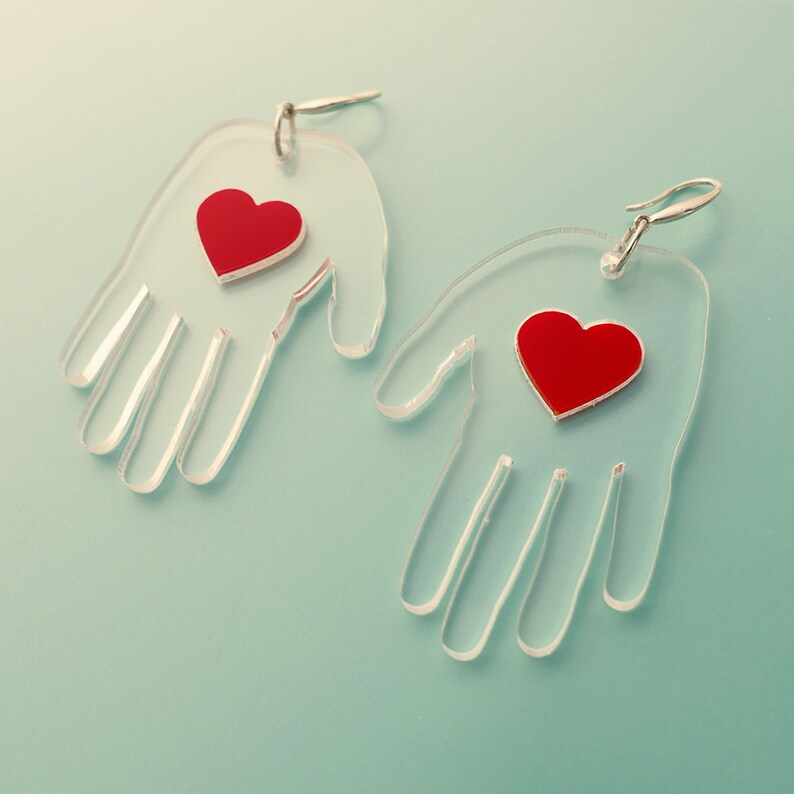 Red Heart earrings, Hand Palm Earrings, Transparent Earrings, Girlfriend gift, Protection amulet, Boho Earrings, Statement Earrings image 5