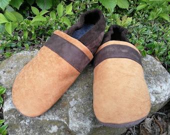 light brown leather slippers - house shoes - office shoes for adults made of suede