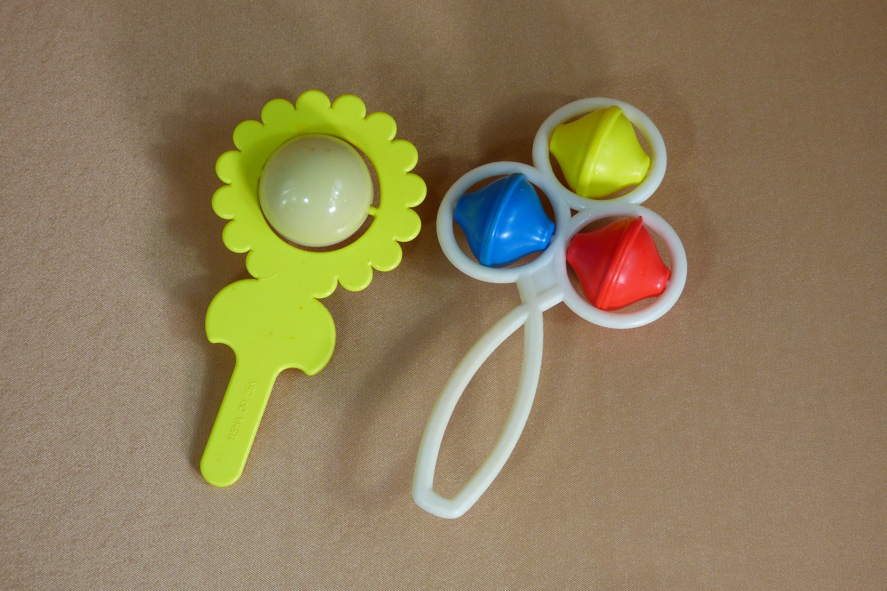 2 Vintage baby rattles. Soviet yellow and white plastic baby Etsy