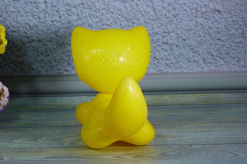 Plastic yellow soviet toy Bright yellow animal figurine Russian plastic toy cat Russian kids toy Vintage toy yellow cat with red ball