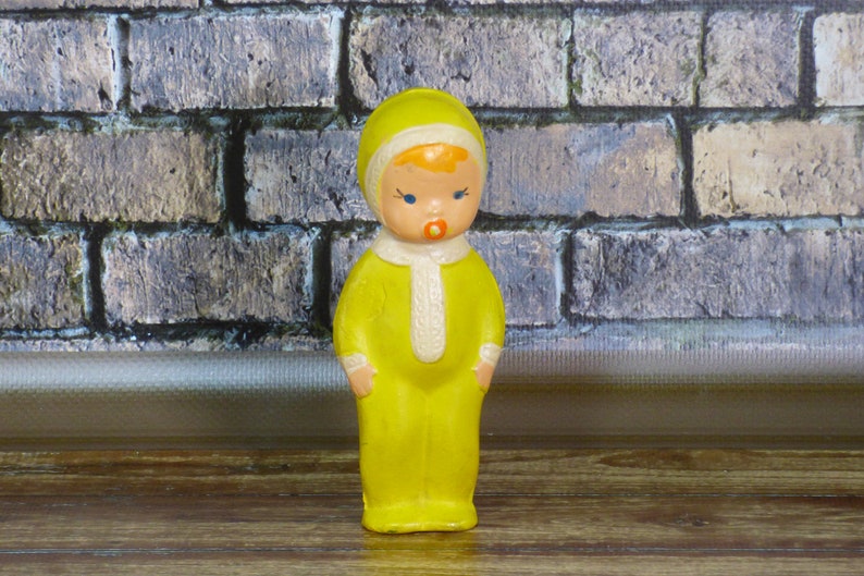 Rubber toy baby USSR \u2013 Vintage rubber toy\u2013Soviet figure of baby Toy baby in a yellow overalls and with a pacifier-Soviet rubber toy baby