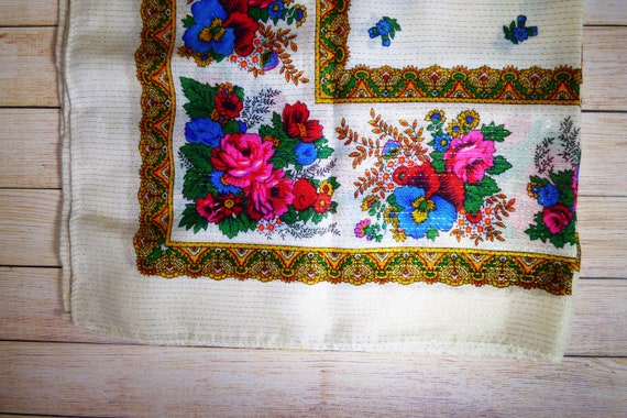 Square floral scarf White pink golden scarf Vinta… - image 8