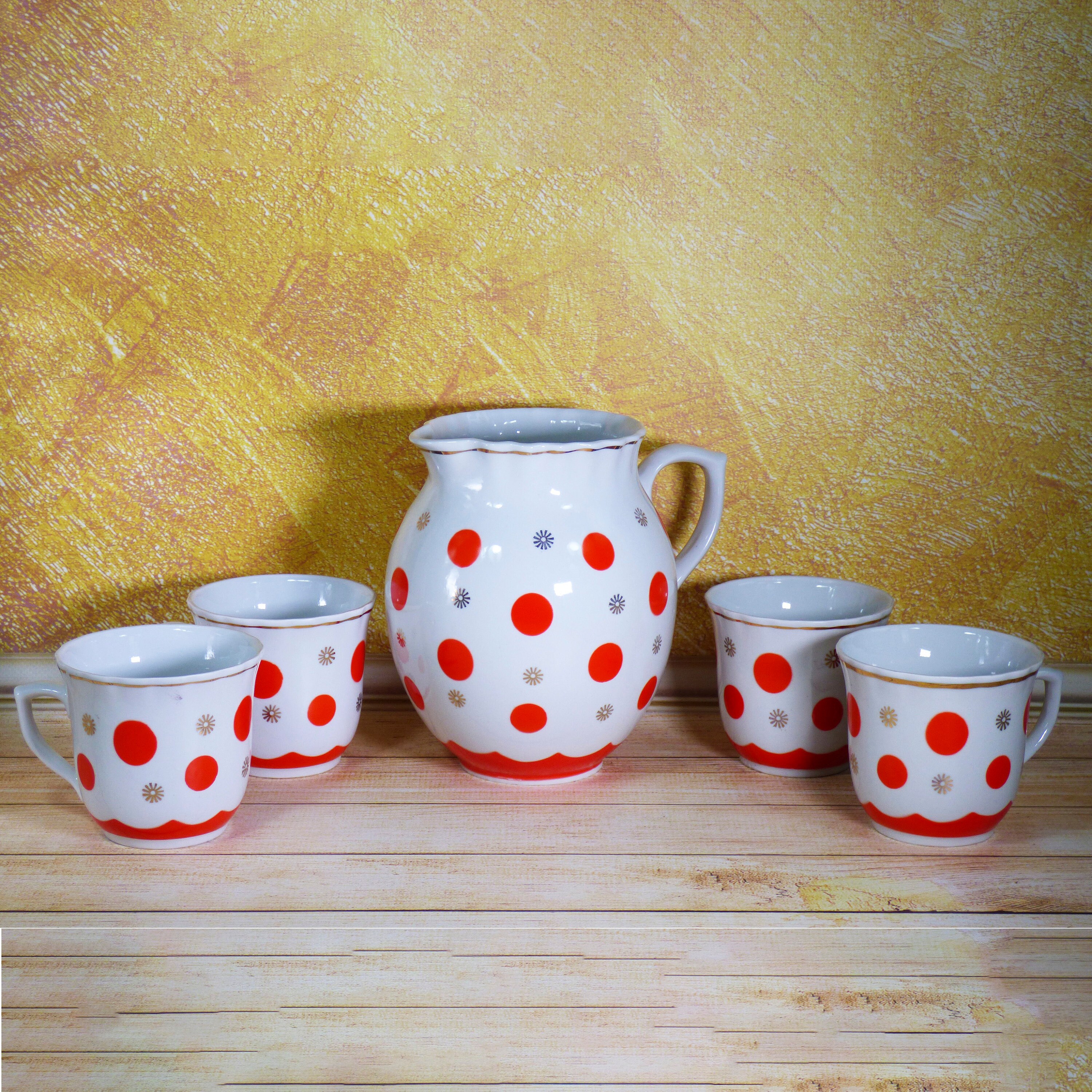 Vintage Polka Dot Ceramic Pitcher Set: Mid-century Drinkware - Etsy