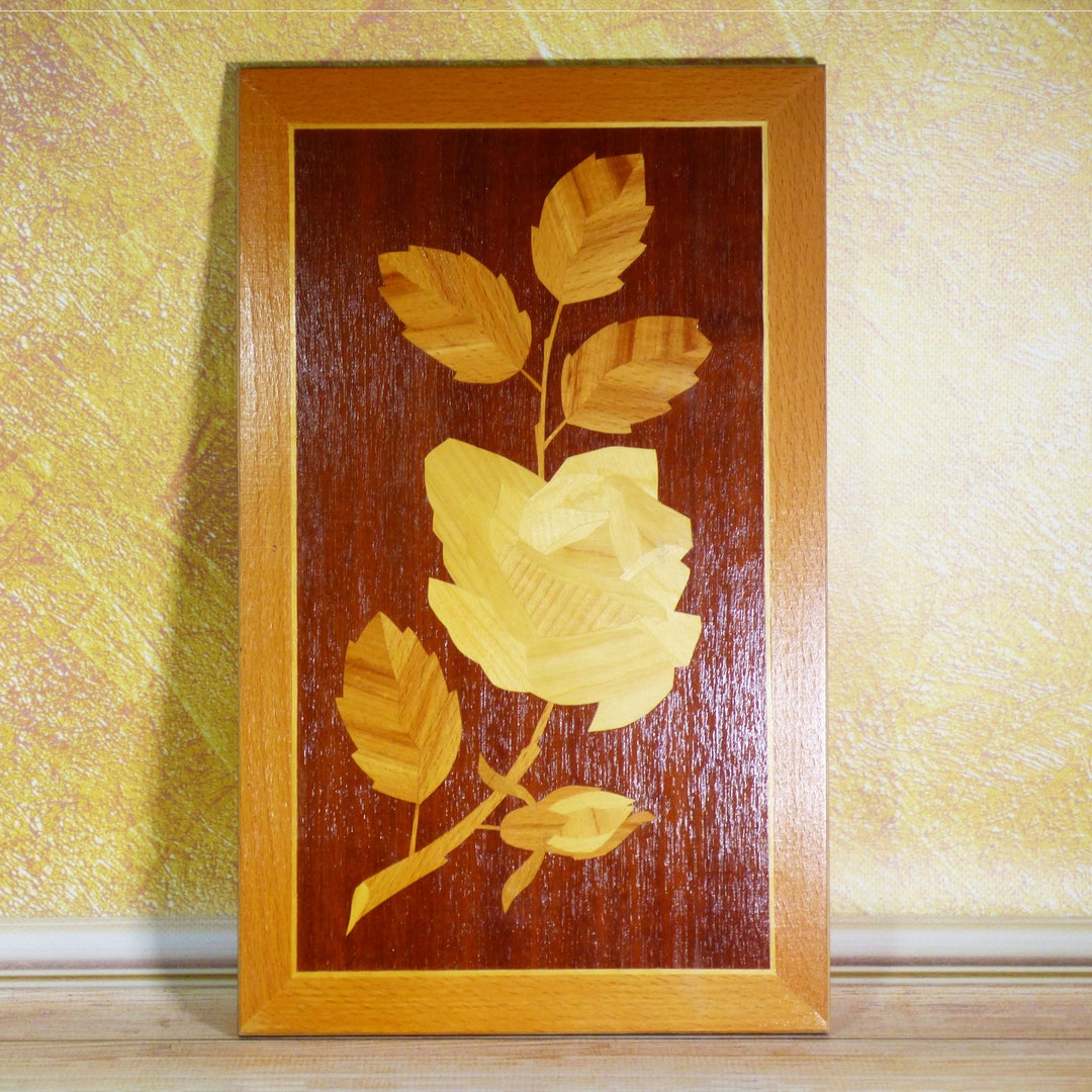 Marquetry Wall Picture Rose Picture Vintage Inlay Rose Art Wooden Wall ...