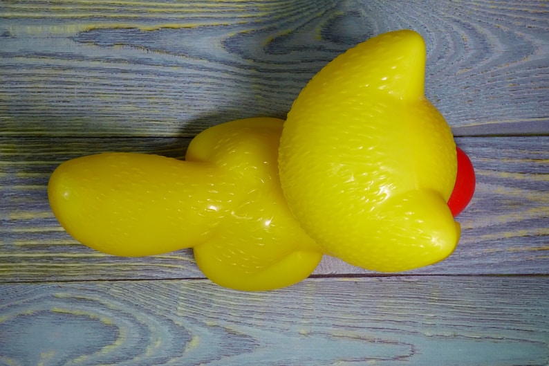 Plastic yellow soviet toy Bright yellow animal figurine Russian plastic toy cat Russian kids toy Vintage toy yellow cat with red ball