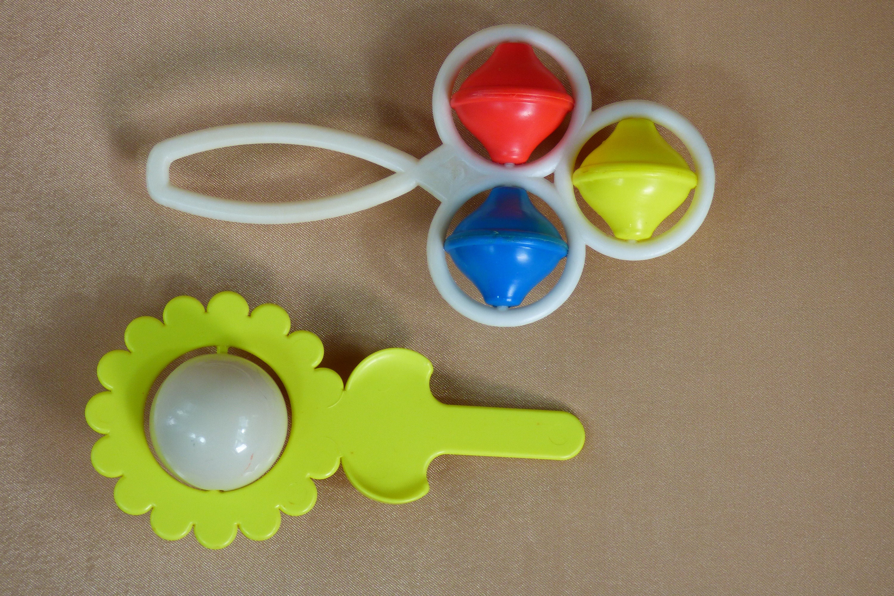 2 Vintage baby rattles. Soviet yellow and white plastic baby Etsy