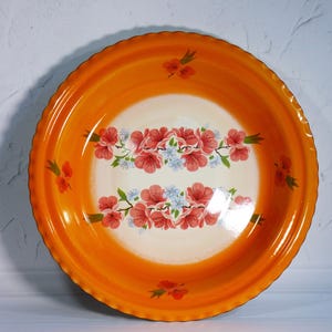 Vintage Orange Enamel Floral Tray: Large Round Metal Serving Platter
