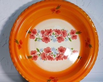 Vintage Orange Enamel Floral Tray: Large Round Metal Serving Platter