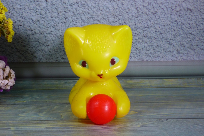 Plastic yellow soviet toy Bright yellow animal figurine Russian plastic toy cat Russian kids toy Vintage toy yellow cat with red ball