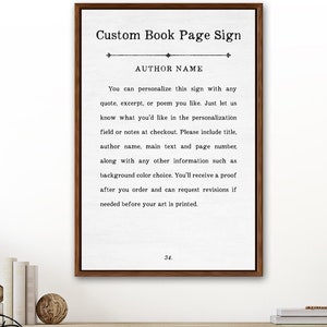 Custom Book Quote, Book Page Sign | Book Page Print, Customizable Book Page, Author Writer Quote, Book Page Wall Art, Framed Poem, Book Page